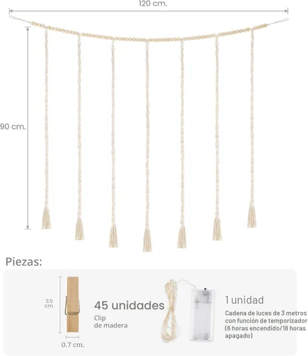 Vista 6 de Mkono - Expositor de fotos colgante de macramé para decoración de pared con luces de cadena, collar de cuentas de madera estilo boho, marco