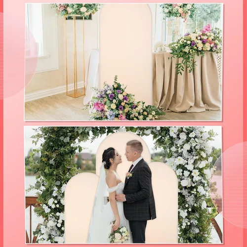 Vista 7 de Peryiter 4 fundas de telón de fondo de arco de elastano, beige, para decoración de cumpleaños de boda, 7.2 pies, 6 pies, 5 pies, 4 pies incluidos