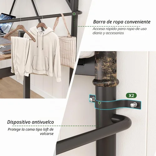 Vista 8 de Cama tipo loft tamaño Twin con luces LED y estación de carga, marco de cama loft de metal industrial de servicio pesado con escalera y barandilla