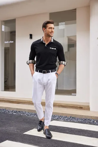 Vista 7 de Polera polo clásica Coofandy de hombre con manga corta y cuello plisado