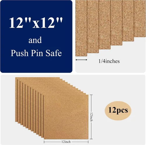 Vista 2 de NACHLYNN Tablón de corcho, paquete de 12 tableros de corcho autoadhesivos de 12 x 12 pulgadas para pared con 100 pasadores de empuje sin marco