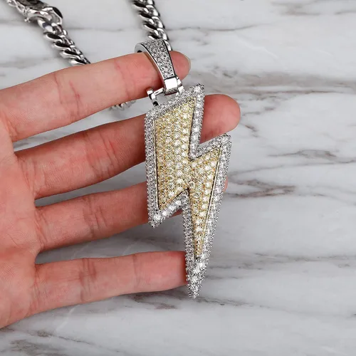 Vista 11 de JINAO Hip Hop - Colgante con diseño de rayo chapado en oro de 18 quilates con circonita cúbica con micropave de imitación de diamante para hombres