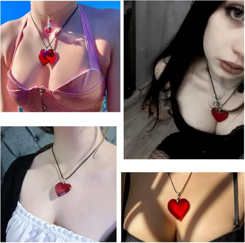 Vista 5 de Mullike Gargantilla de corazón grueso para mujer, collar con colgante de corazón de cristal grande con elegante lazo trenzado ajustable, cadena 1.4