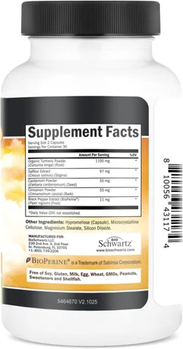 Vista 7 de Suplemento de cúrcuma con azafrán, canela, cardamomo y bioperina - 60ct