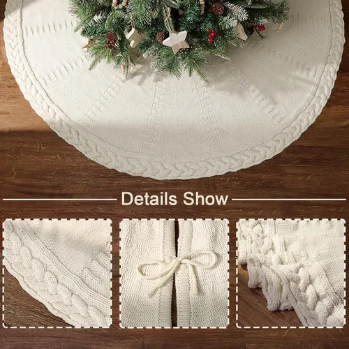 Vista 3 de Falda de árbol de Navidad de 60 pulgadas: falda de árbol grande para árbol de 9 pies, falda de árbol de punto trenzado color blanco crema, faldas