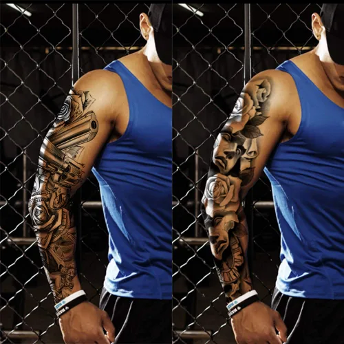 Vista 4 de 4 hojas de tatuajes temporales de brazo completo para adultos, color rosa pistola de tatuajes, impermeables, arte corporal de larga duración