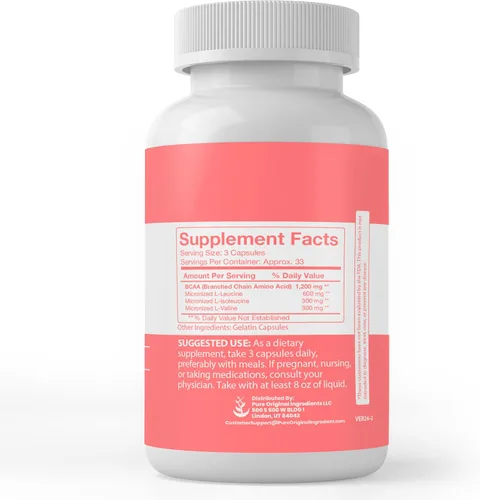 Vista 2 de PURE ORIGINAL INGREDIENTS BCAA, (100 cápsulas) siempre puro, sin aditivos ni rellenos, verificado por laboratorio
