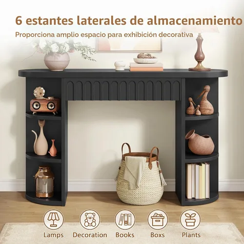 Vista 6 de Hoctieon Mesa consola acanalada con almacenamiento, mesa de entrada con estantes laterales de almacenamiento, mesas de sofá estrechas detrás