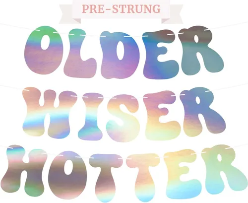 Vista 12 de Cartel preencordado de Older Wiser Hotter - No DIY - Cartel negro para fiesta de feliz cumpleaños con purpurina - Guirnalda preencordada en hebras