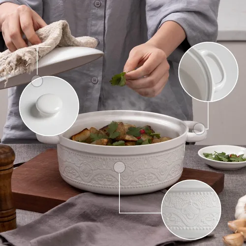 Vista 3 de FUN ELEMENTS - Cazuela, 2 cuartos de galón, plato con relieve de encaje con tapa, de cerámica para ir del horno a la mesa, asas redondas para servir