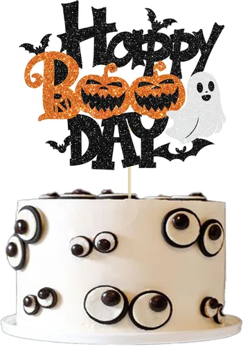 Vista 11 de 1 pieza de decoración de pastel de cumpleaños asesino ensamblada con purpurina de terror clásico de Halloween para tema de terror sangriento Negro