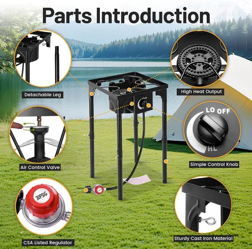 Vista 7 de Estufa de Camping al Aire Libre FSUON, 130000 BTU, Quemador de Alta Presión Individual, Cocina de Gas Propano con Patas Desmontables, Regulador