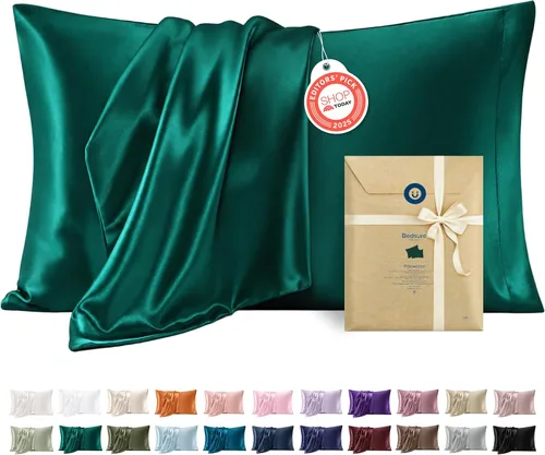 Vista 61 de Bedsure Paquete de 2 fundas de almohada de satén similares a las fundas de almohada de seda tamaño estándar, funda de almohada para mujeres que