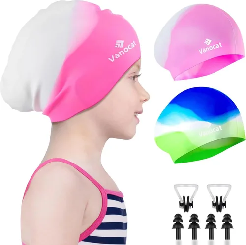 Vista 9 de 2 Pack Kids Swim Caps for Long/Short Hair, Unisex Silicone Swimming Cap for Age 3-15 Children Toddler Youth Teen, Waterproof Shower Cap Bathing Hats