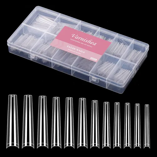 Vista 9 de 504 puntas de uñas medianas de almendra, 12 tamaños, calcomanías de gel suave pre-grabadas de cobertura completa, uñas postizas transparentes a