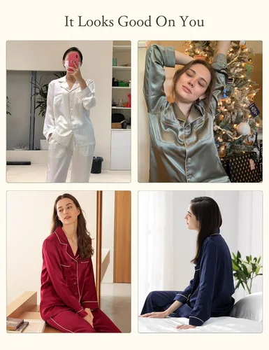 Vista 6 de LilySilk Pijama de seda para mujer, con ribetes dorados, 22 momme, 100% seda, para mujer, lavable
