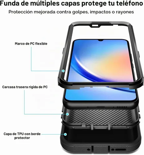 Vista 3 de Jiunai Para Samsung Galaxy A34 Case Rugged Port Cover Bumper Tough Negro