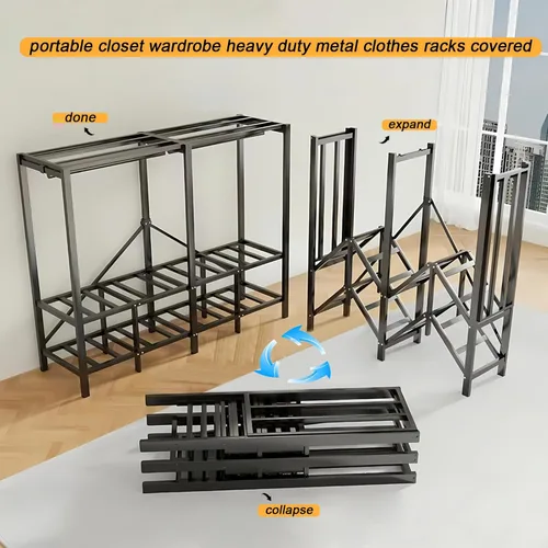 Vista 5 de Armario portátil de 49.2 pulgadas para colgar ropa, perchero plegable resistente con tapa, gran cubierta, armarios plegables independientes, Negro