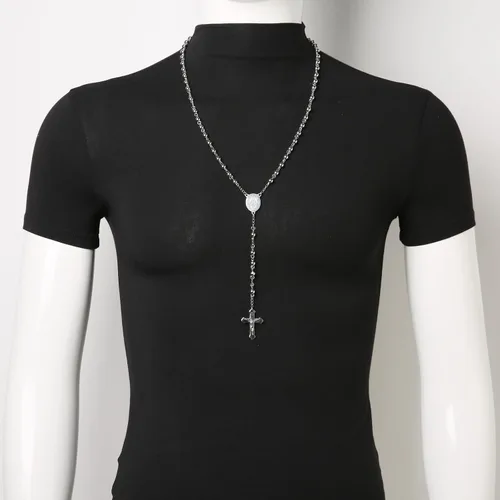 Vista 3 de HZMAN Rosary Beads Cross Necklace for Women Stainless Steel Heavy Crucifix Virgin Mary Y Shape Necklaces Jewelry