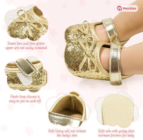 Vista 5 de Meckior Zapatos deportivos para bebé y niñas, suela suave, con lazo, princesa, vestido de boda, Mary Jane, planos, para recién nacidos, ligeros