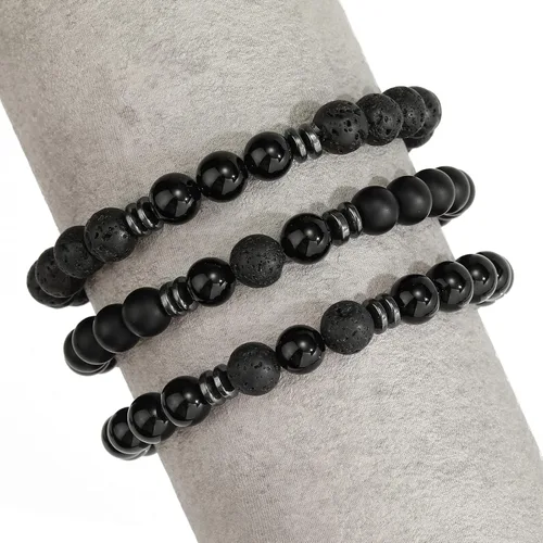Vista 7 de MengPa - Pulseras de cuentas con cuentas de piedra volcánica mate y roca de lava, elástica, para hombre y mujer