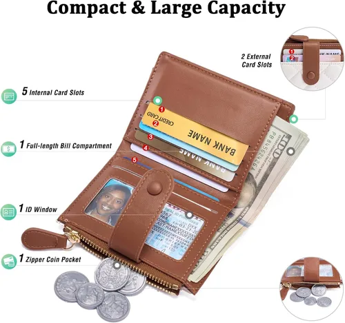 Vista 2 de GAEKEAO Billetera pequeña para mujer, de piel plegable, con bloqueo RFID, tarjetero para tarjetas de crédito, bolsillo con cremallera, monedero