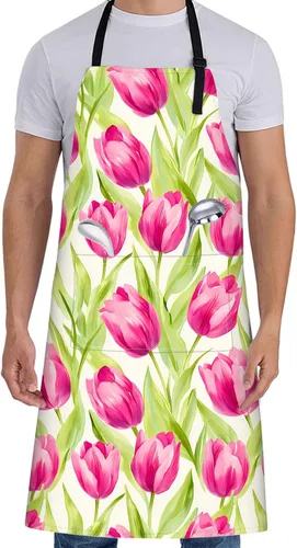 Vista 12 de Delantal floral de margaritas blancas para mujer, 28 x 33 pulgadas, delantales de cocina de primavera fresca con 2 bolsillos, tela Oxford, delantal