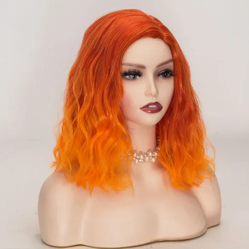 Vista 2 de Peluca de color naranja degradado para niñas, peluca corta y ondulada para mujer, disfraz de cosplay para Halloween (naranja degradado)