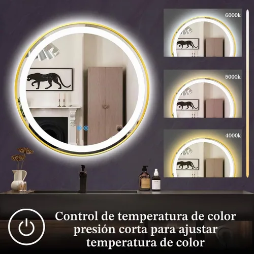 Vista 5 de Espejo de tocador redondo dorado con luces, luz frontal regulable de 3 colores, marco dorado de 16 pulgadas, espejo redondo iluminado para baño 16.0