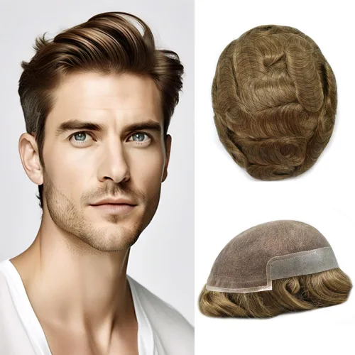 Vista 38 de Tupé para hombre con encaje suizo para hombre, sistema de reemplazo de cabello humano real, extensiones de nudo blanqueado para prótesis de cabello