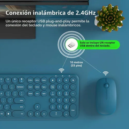 Vista 2 de Conjunto de teclado y mouse inalámbrico lindo para PC/Ordenador portátil/Windows/Mac/Tablets, ultradelgado 2.4GHz USB inalámbrico de tamaño Azul