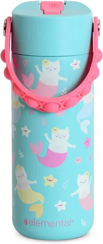 Vista 38 de Elemental Botella de agua aislada para niños, botella de agua de acero inoxidable con tapa de popote y asa Pop-it, botellas de agua a prueba
