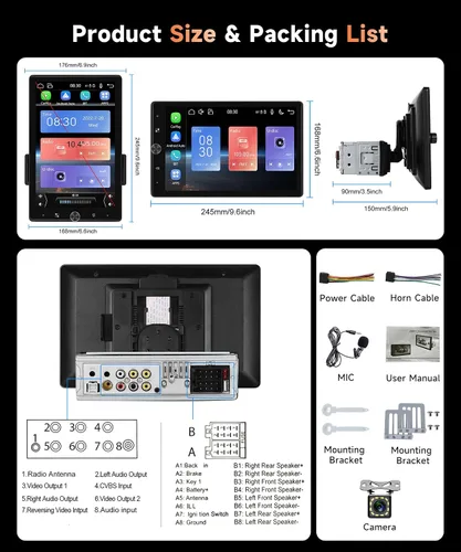 Vista 8 de MAHVEC Estéreo de automóvil de 10.4 pulgadas con CarPlay Android Auto, radio de pantalla táctil de rotación HD con Bluetooth, USB, Mirror Link, SWC