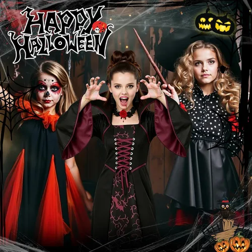 Vista 5 de Disfraz de vampiro para niñas, disfraz gótico, negro, rojo, vestido Vampire