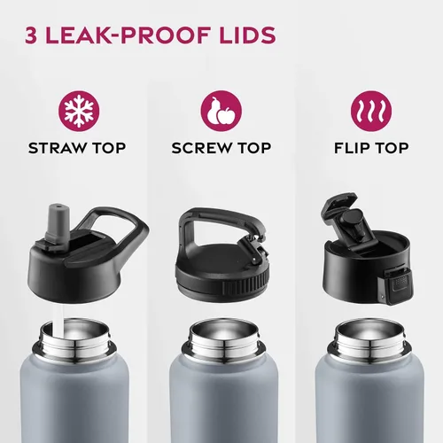Vista 5 de Botellas de agua de acero inoxidable con triple aislamiento con pajilla, botellas de agua reutilizables aisladas de 25 onzas con 3 tapas, botella
