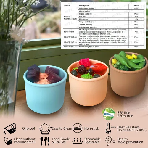 Vista 2 de Paquete de 4 recipientes de silicona de almacenamiento de alimentos de 8.5 onzas con tapas, 1 taza de recipientes reutilizables para refrigerios