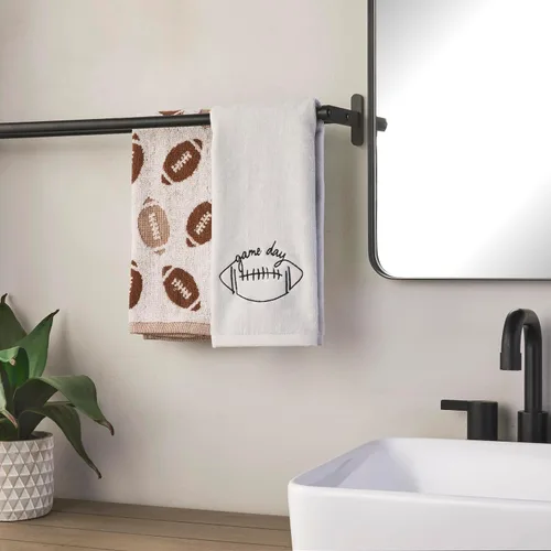 Vista 5 de SKL Home Set de 2 toallas de mano de fútbol de otoño/otoñal Jacqaurd 100% algodón para baño/cocina/bar y regalo, color marrón claro