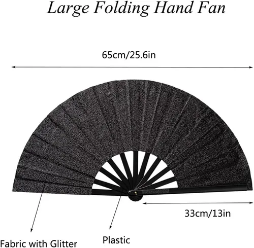 Vista 2 de Paquete de 2 ventiladores de mano plegables grandes para fiestas, abanico de mano con purpurina para festivales, ventilador de mano plegable grande