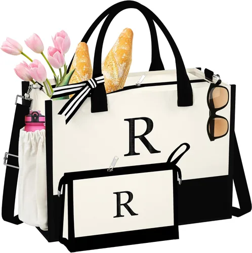 Vista 9 de Bolsa de Lona con Inicial - Bolsas de Compras Reutilizables, Canasta de Regalos de Cumpleaños para Damas de Honor, Amigas y Maestras for