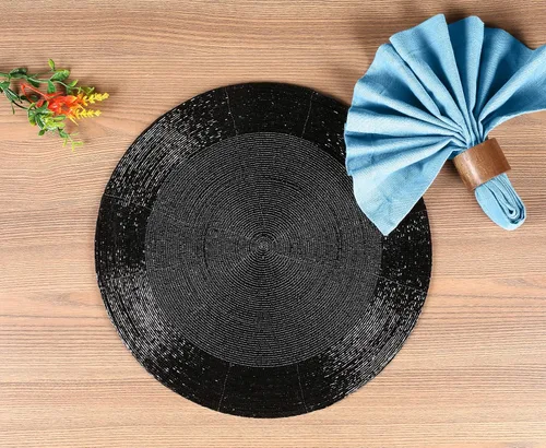 Vista 3 de Lightnpro - Juego de 4 manteles individuales redondos con cuentas negras, cargadores de mesa decorativos hechos a mano, elegantes manteles de mesa