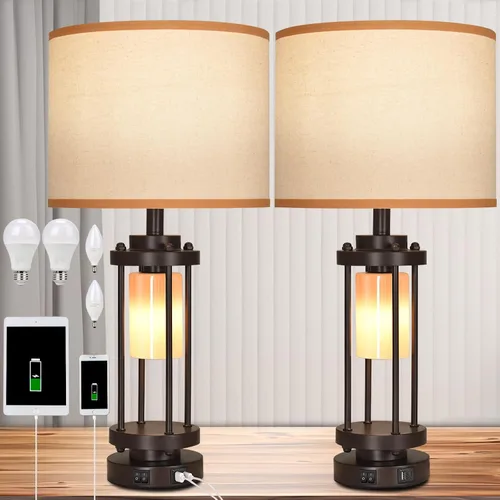 Vista 9 de Juego de 2 lámparas de mesa de granja para sala de estar, lámpara rústica para mesitas de noche de dormitorio, lámparas de noche con puertos