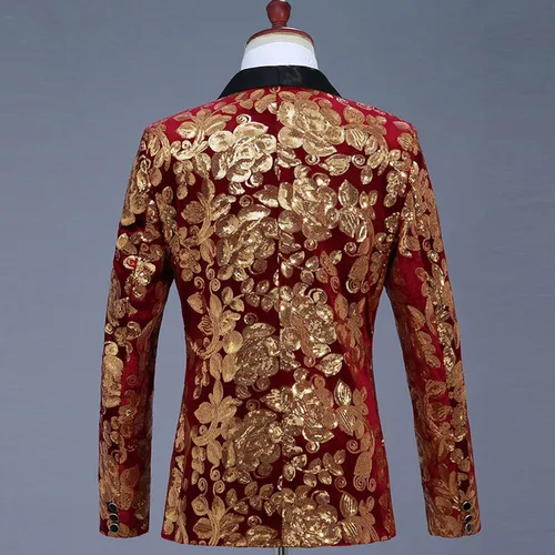Vista 4 de Vestido blazer de cantante de lentejuelas doradas para hombre, estampado de terciopelo, chaqueta, abrigos, boda, festival, cena, esmoquin floral