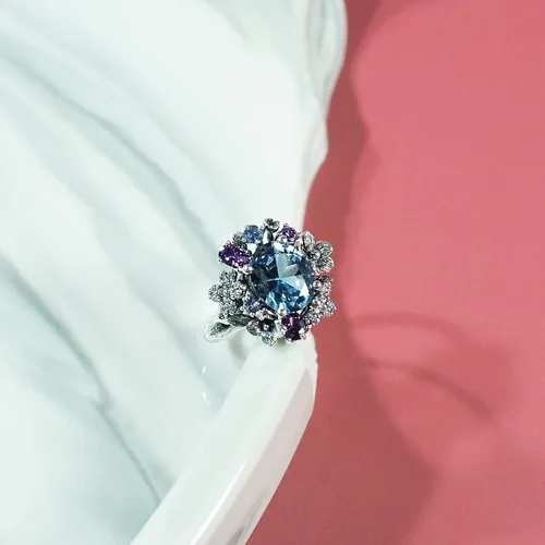 Vista 4 de Anillo de filigrana de plata de ley con piedras preciosas múltiples para mujer, Circonita, plata de ley, piedra preciosa
