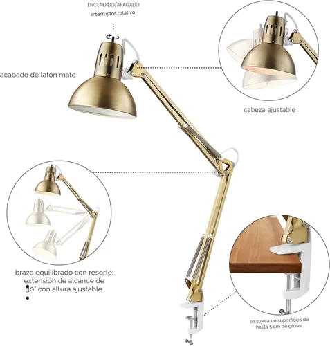 Vista 5 de Globe Electric 62000010 Lámpara de escritorio de 32" con múltiples articulaciones con abrazadera metálica, latón mate, acentos blancos, interruptor