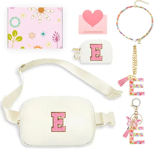 Vista 24 de Regalos de moda para niñas adolescentes, cangurera con monograma para niña con llavero, collar, dijes de taza, tarjeta de felicitación y caja