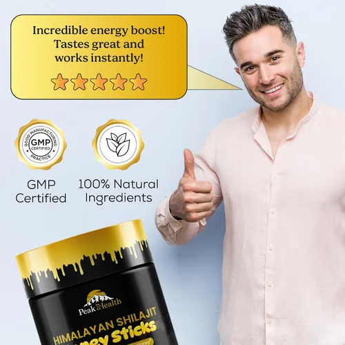 Vista 6 de Peakhealth Palitos Shilajit con miel orgánica, azafrán Shilajit del Himalaya para hombres 30 barras para energía natural y estilo de vida activo