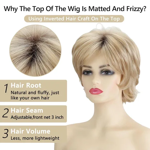 Vista 6 de TISHINING Pelucas Rizadas Cortas de Corte Pixie Ombre Rubias para Mujeres Blancas Peluca Rubia Mixta Esponjosa en Capas con Flequillo de Aspecto