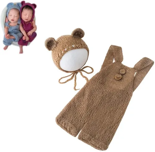 Vista 2 de Vemonllas Accesorios de fotografía para recién nacidos, trajes para niños y niñas, gorro de oso mohair y con pantalones de tirantes, accesorios