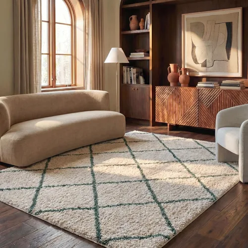 Vista 138 de SAFAVIEH Hudson Shag Collection - Alfombra decorativa de 2 x 3 pies, color beige y marfil, diseño moderno de enrejado, no desprende pelusa