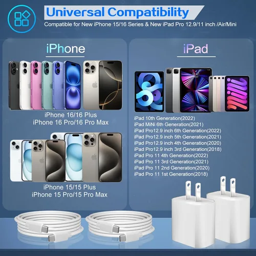 Vista 3 de Cargador para iPhone 17, 16, 15 Pro, carga rápida, bloque de cargador de teléfono USB C de 20 W, paquete de 2 cargadores rápidos de Apple iPhone